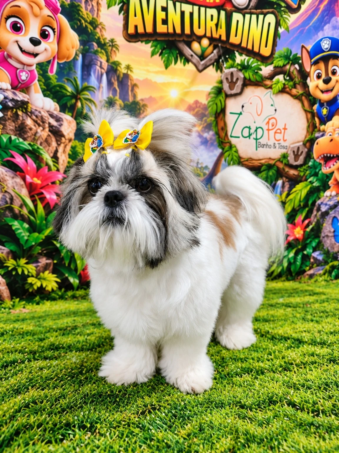 Shih-tzu branco e cinza com laços amarelos.