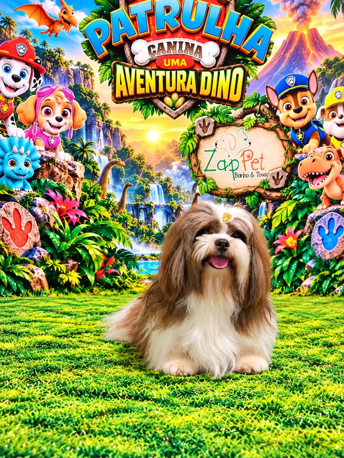 Shih-tzu de pelagem marrom e branca deitado.