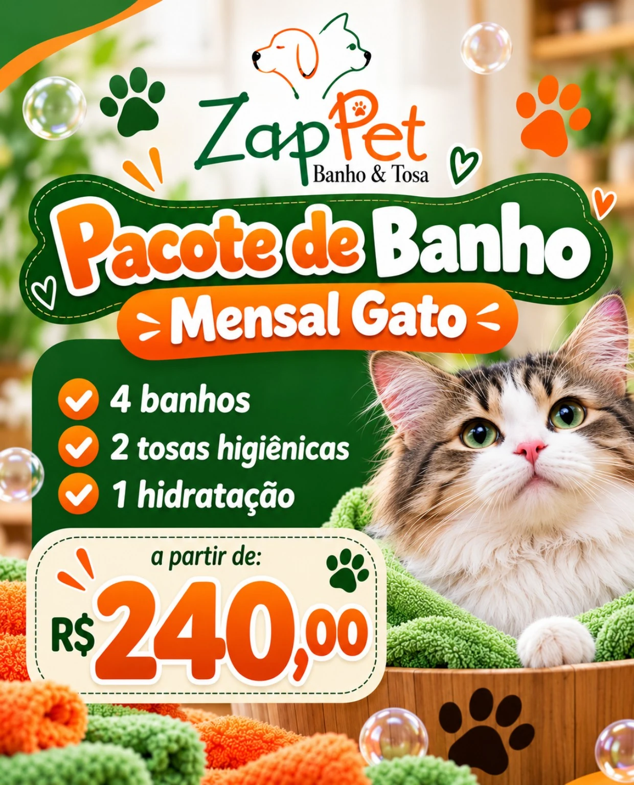 Arte do pacote mensal para gatos, a partir de 240 reais