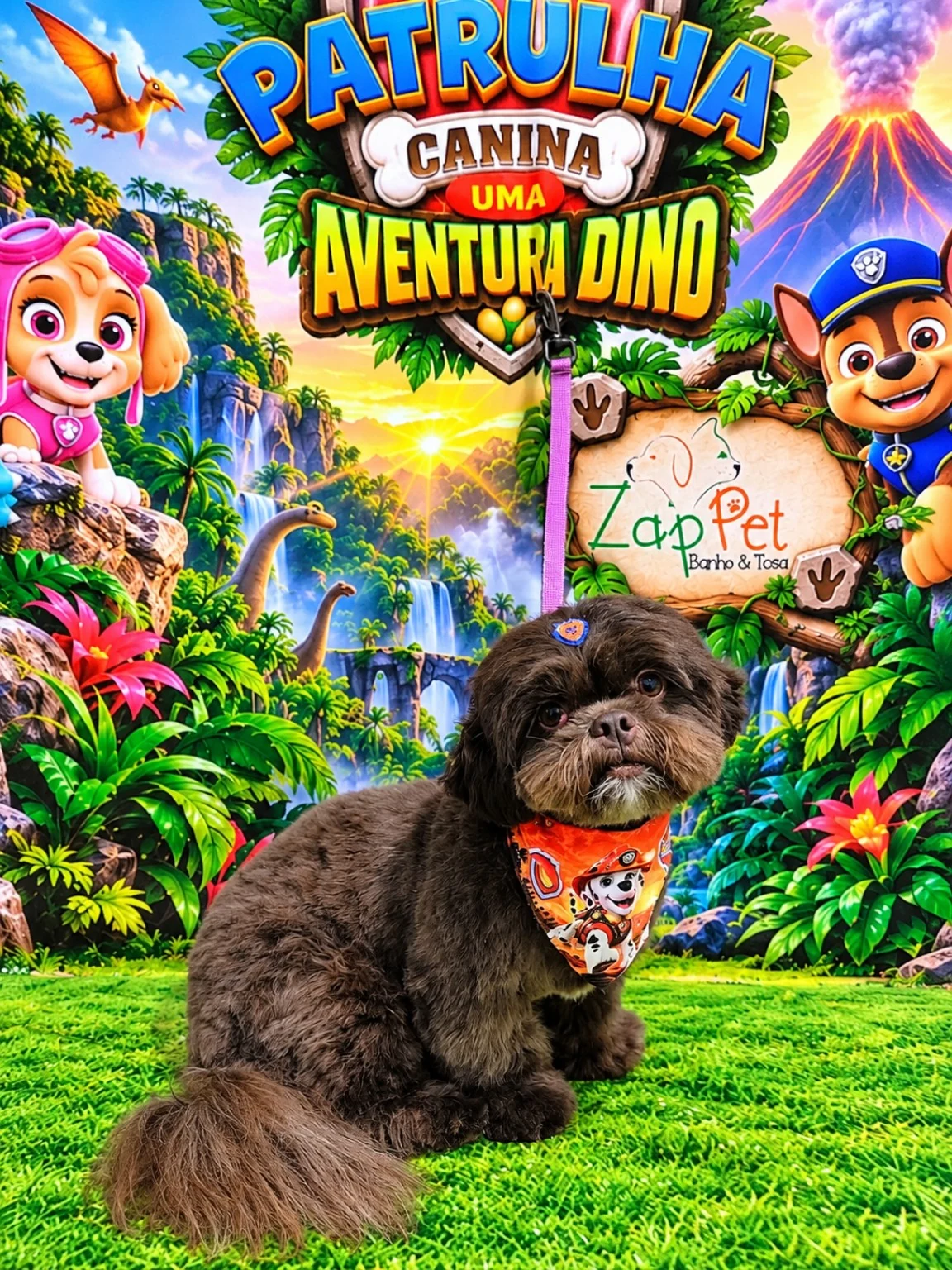 Cachorrinho de pelagem marrom com bandana laranja.