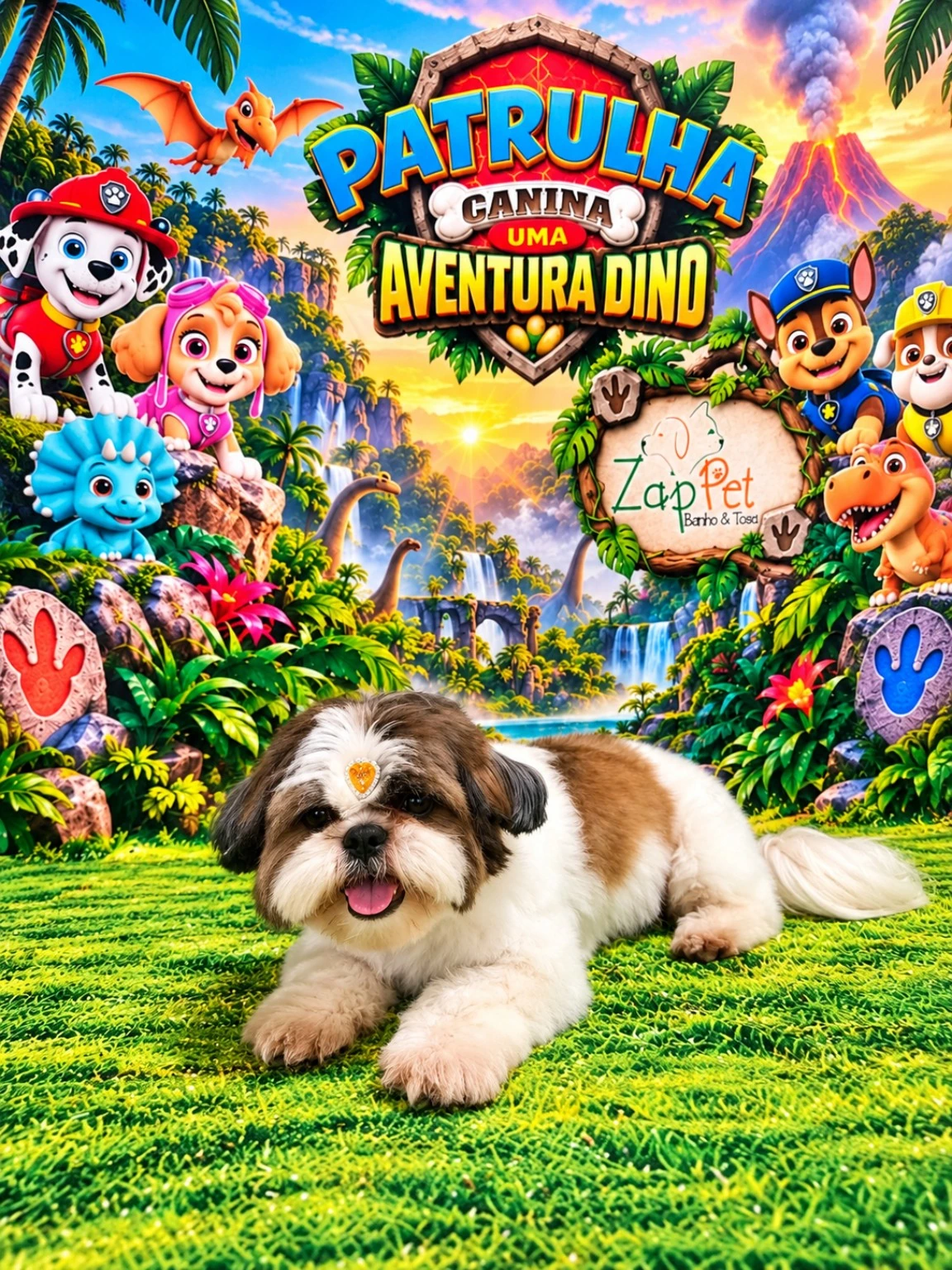 Shih-tzu branco e caramelo deitadinho na grama do cenário de dinossauros.