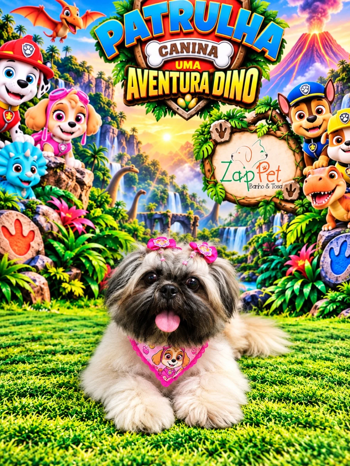 Shih-tzu deitado com laços e bandana rosas.
