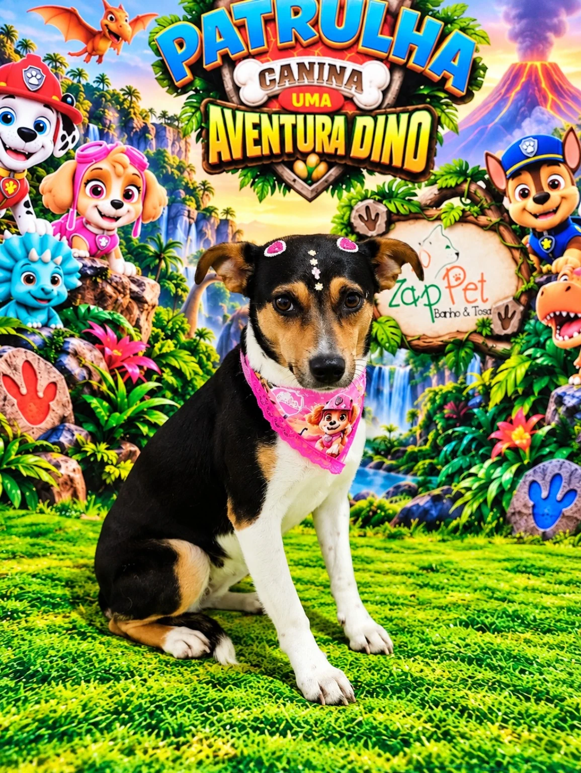 Cachorrinha tricolor com bandana rosa.
