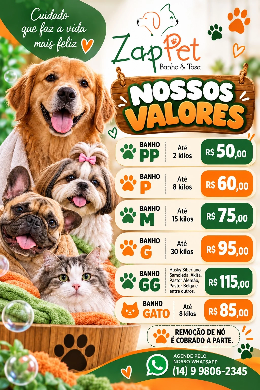 Arte da tabela de preços de banhos avulsos da unidade de Ibirarema