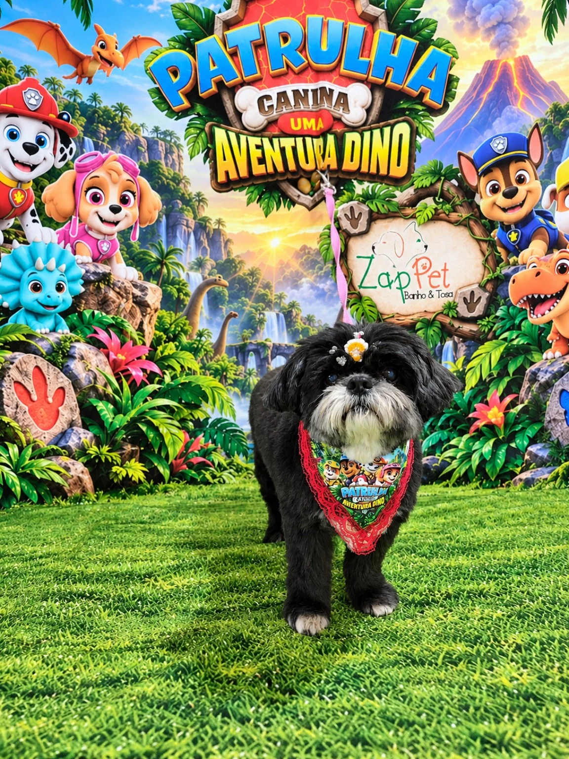 Cachorrinho preto de peito branco com bandana temática.