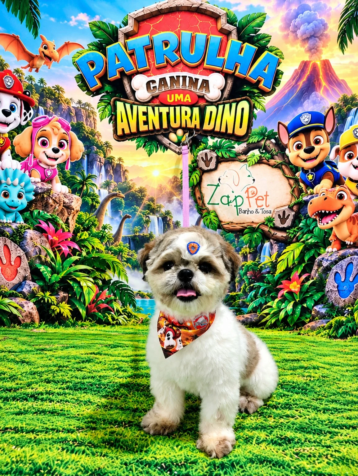 Shih-tzu branco e bege com bandana laranja.
