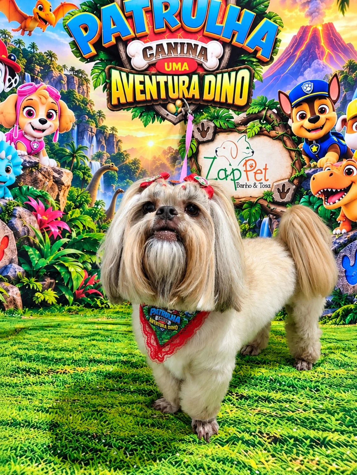 Shih-tzu de pelo longo bege e branco com lacinhos e bandana vermelhos.