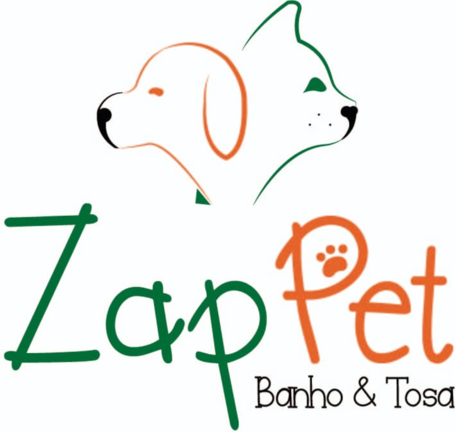 Logo oficial da ZapPet Banho e Tosa, com desenhos de cachorro e gato nas cores laranja e verde