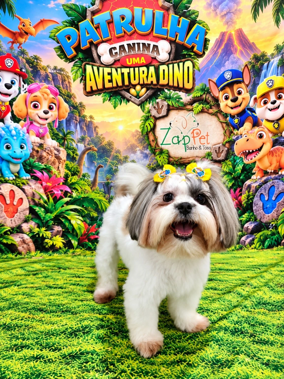 Cachorrinha de pelagem branca e cinza com lacinhos amarelos, no cenário da Patrulha Canina.