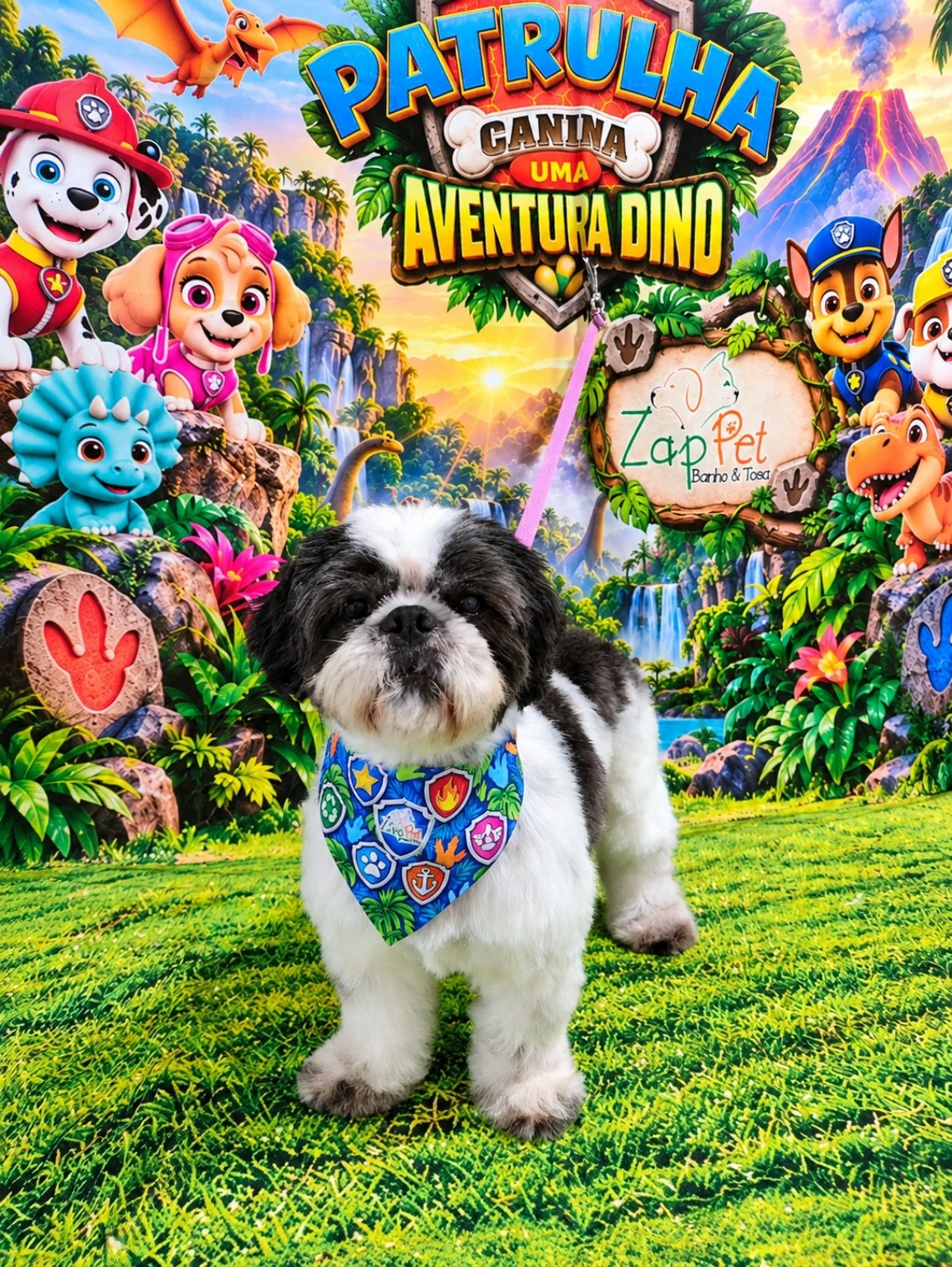 Shih-tzu preto e branco com bandana azul.