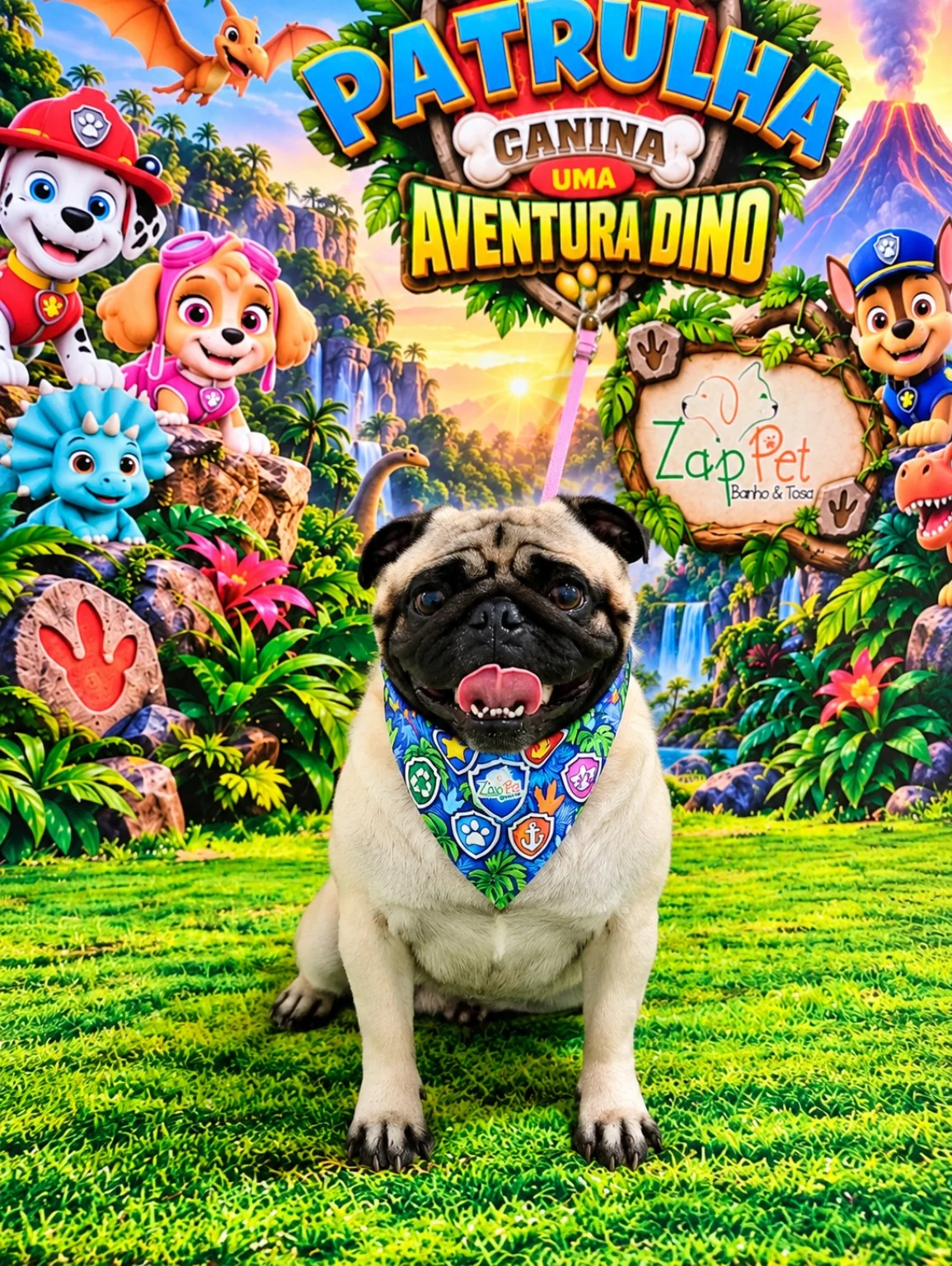 Pug bege sorrindo com bandana azul.