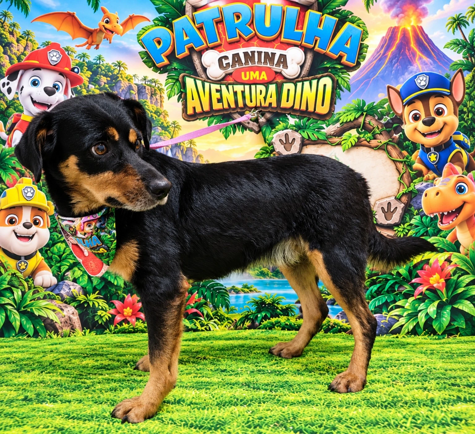 Cachorrinho preto e caramelo de perfil usando bandana temática.