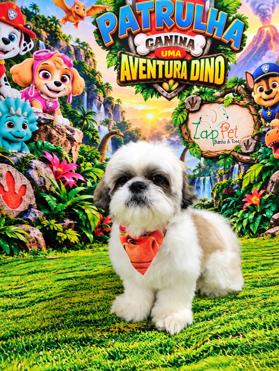 Shih-tzu branco e bege com bandana laranja.