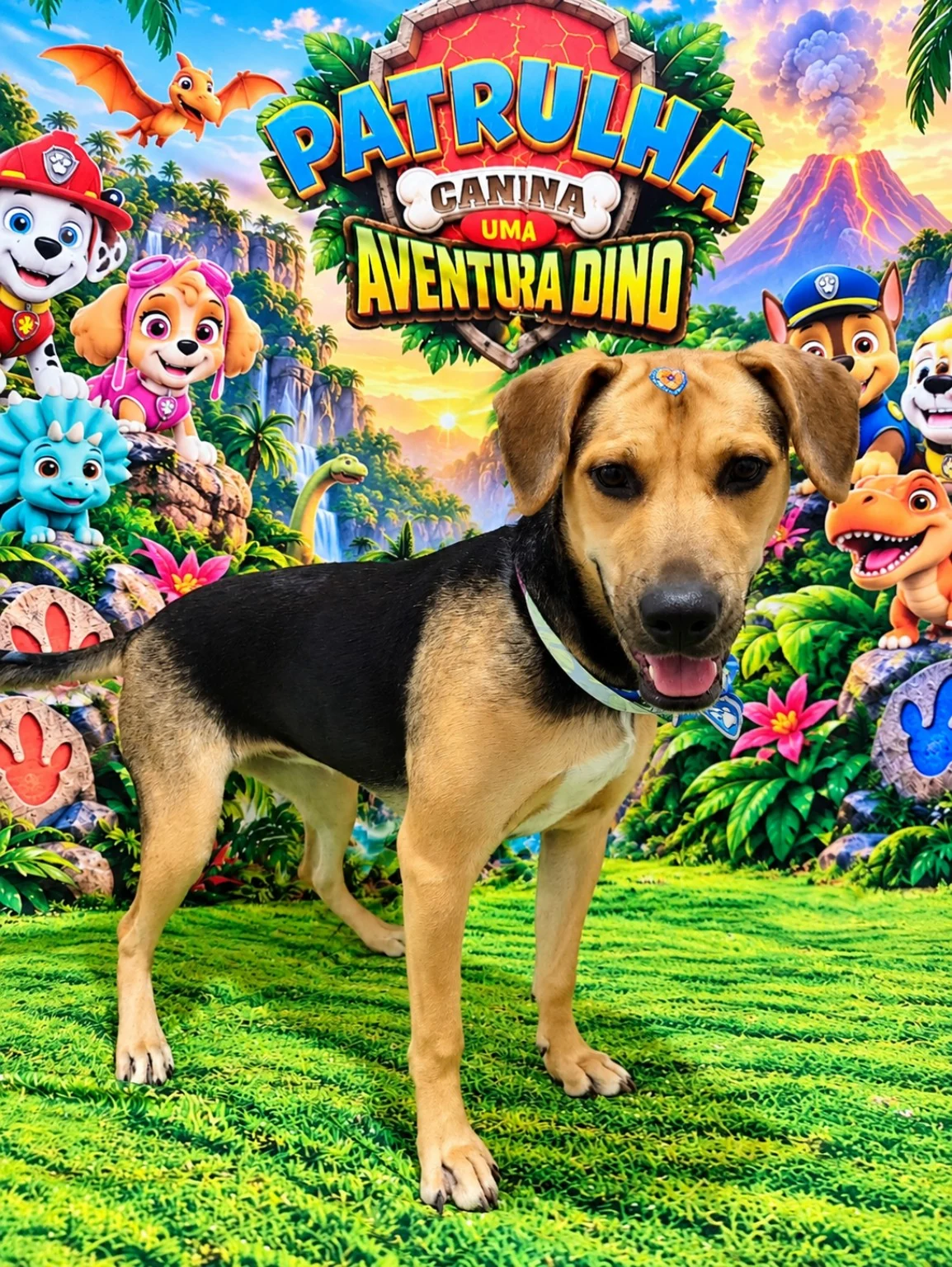 Cachorrinho preto e caramelo em pé, com bandana.