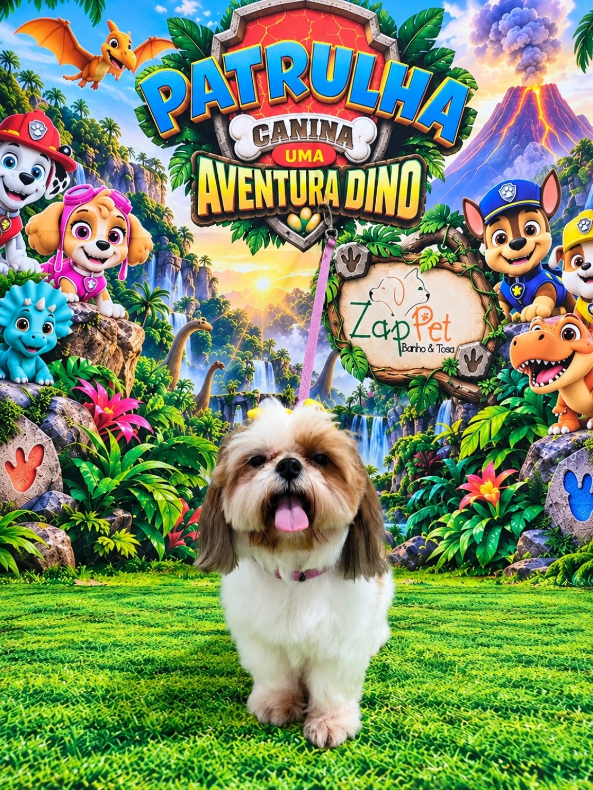 Shih-tzu branco e caramelo em pé com lacinhos amarelos.