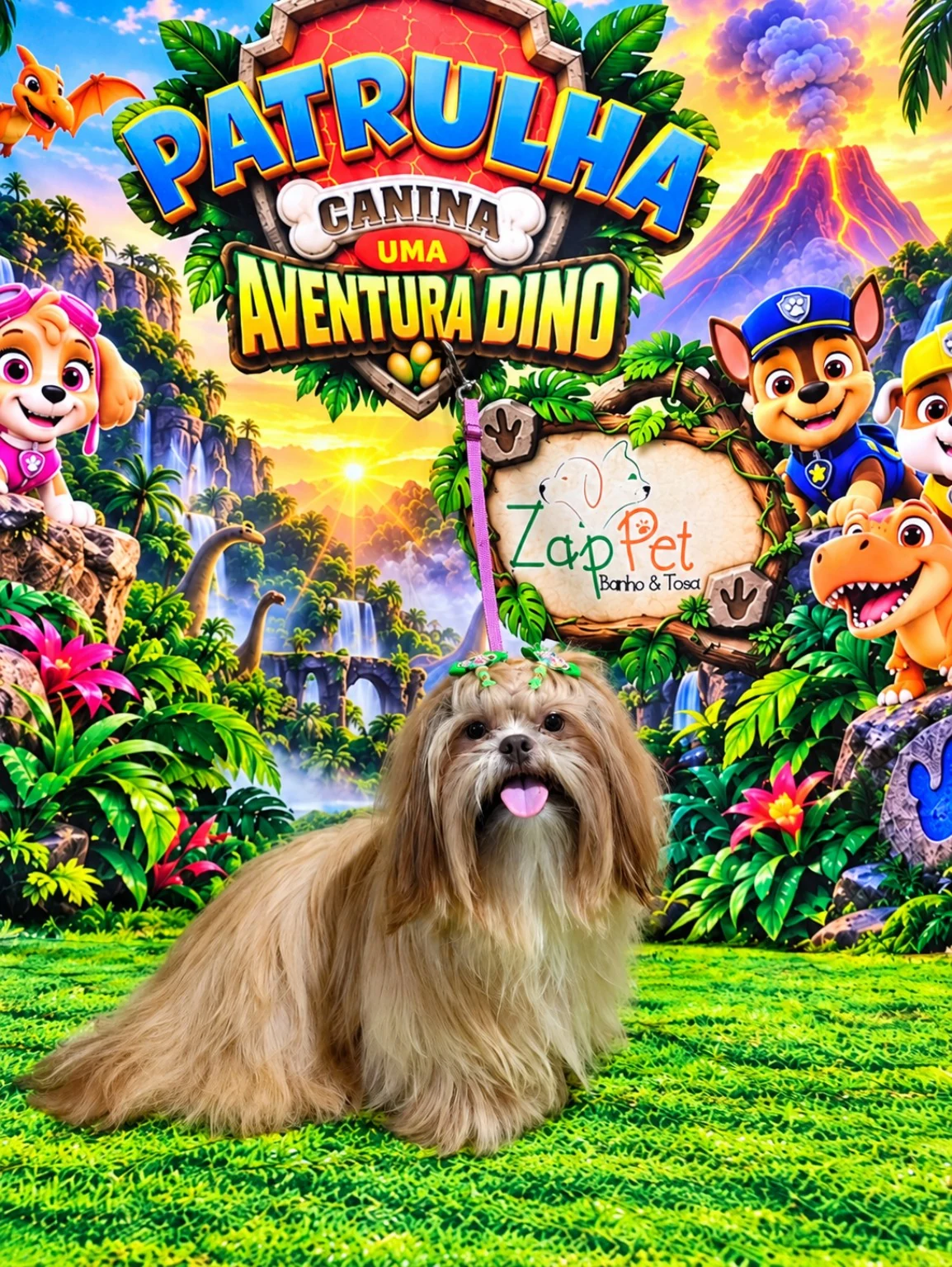 Cachorrinha de pelo longo caramelo com lacinhos verdes.