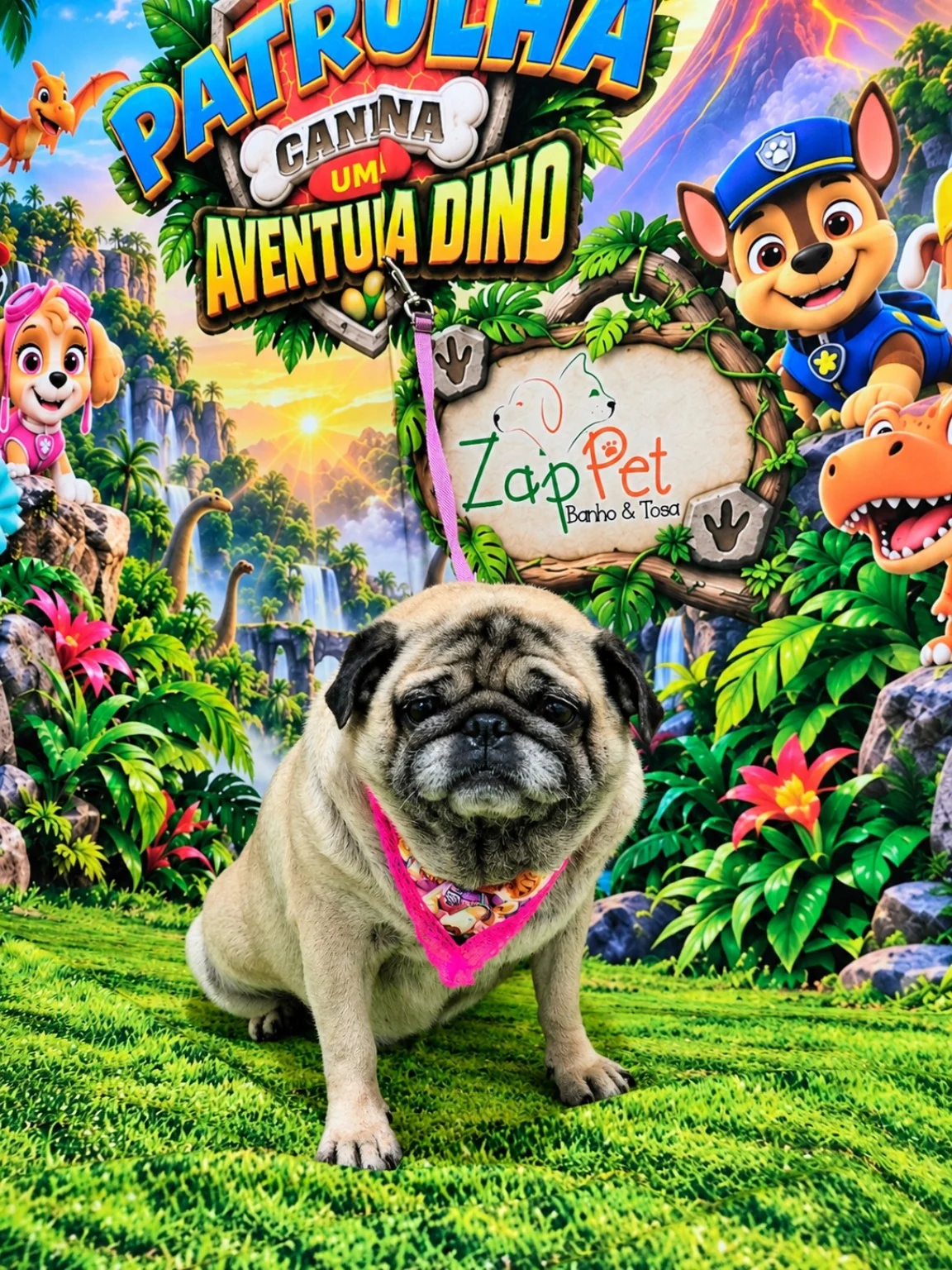 Pug bege sentado com bandana rosa.