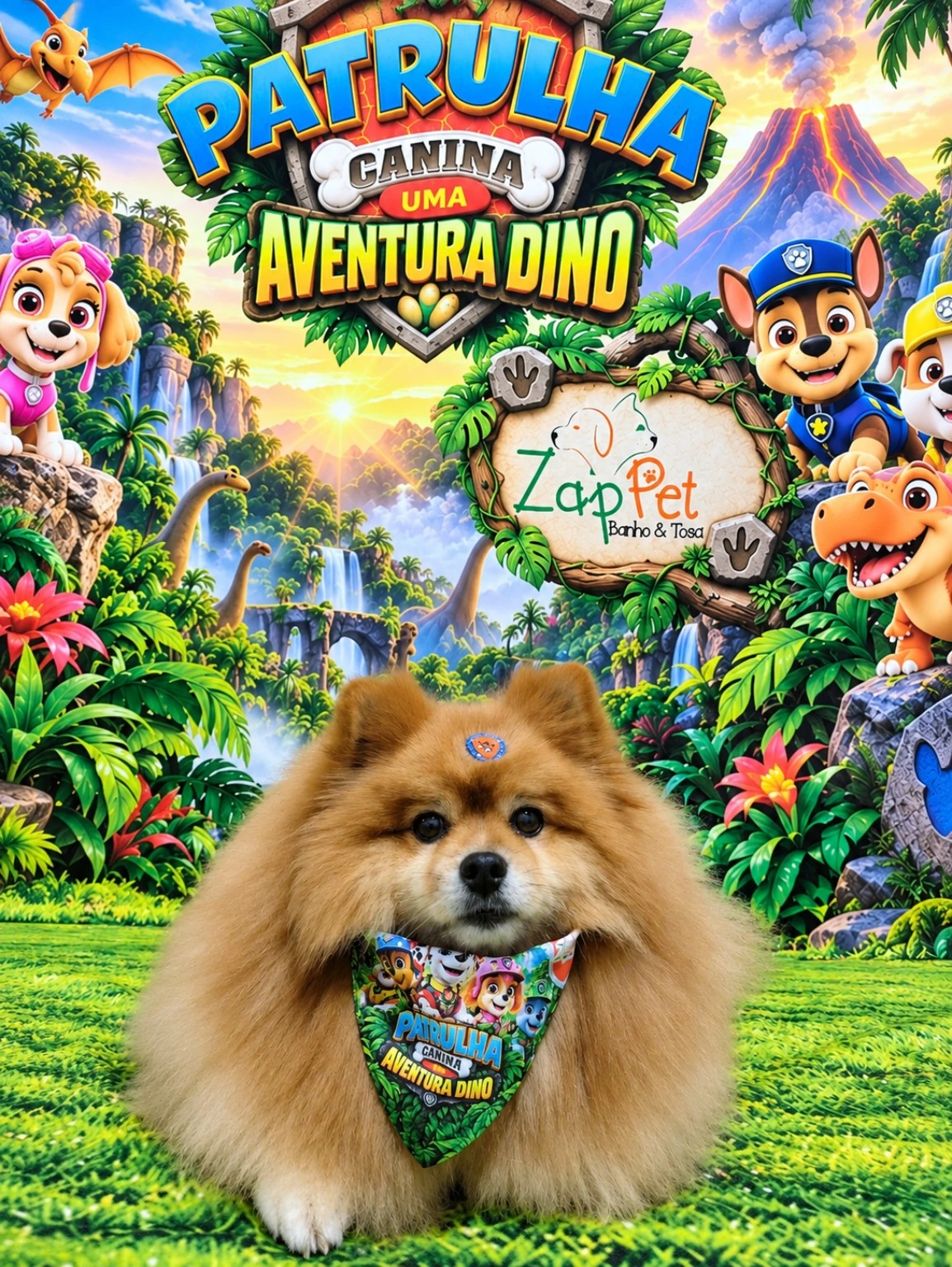 Cachorrinho fofinho de pelagem dourada, sentado com bandana da Aventura Dino.