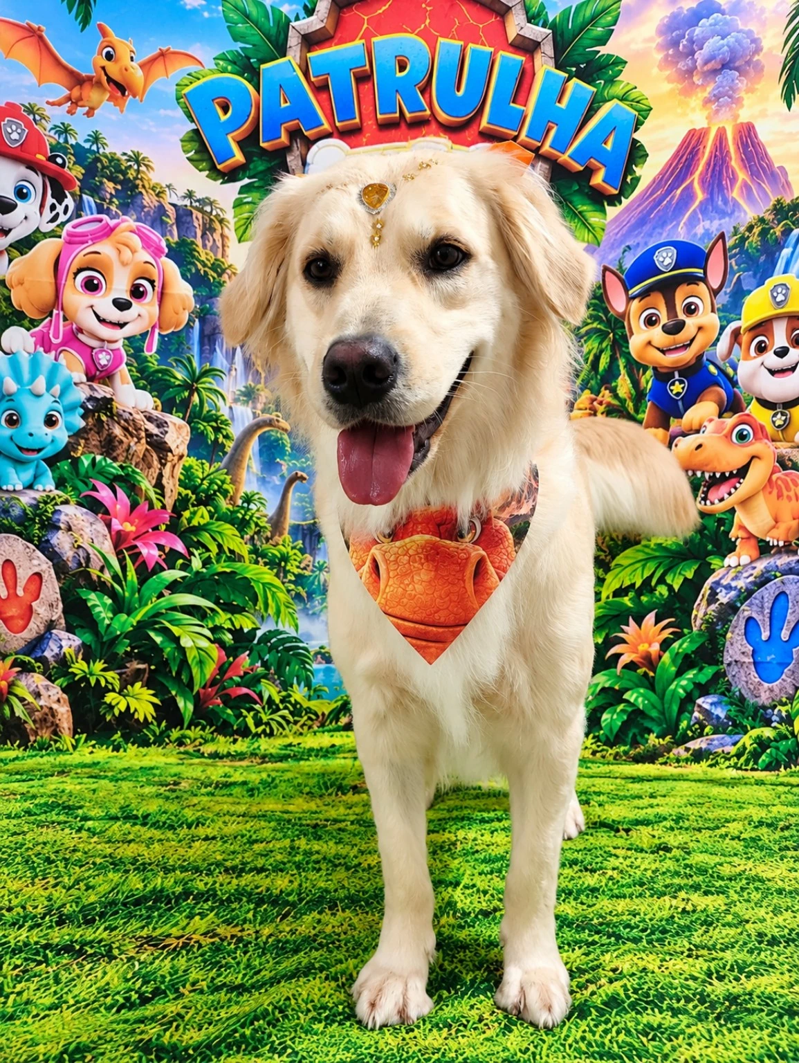 Cachorrinha de pelagem dourada clara com bandana laranja.
