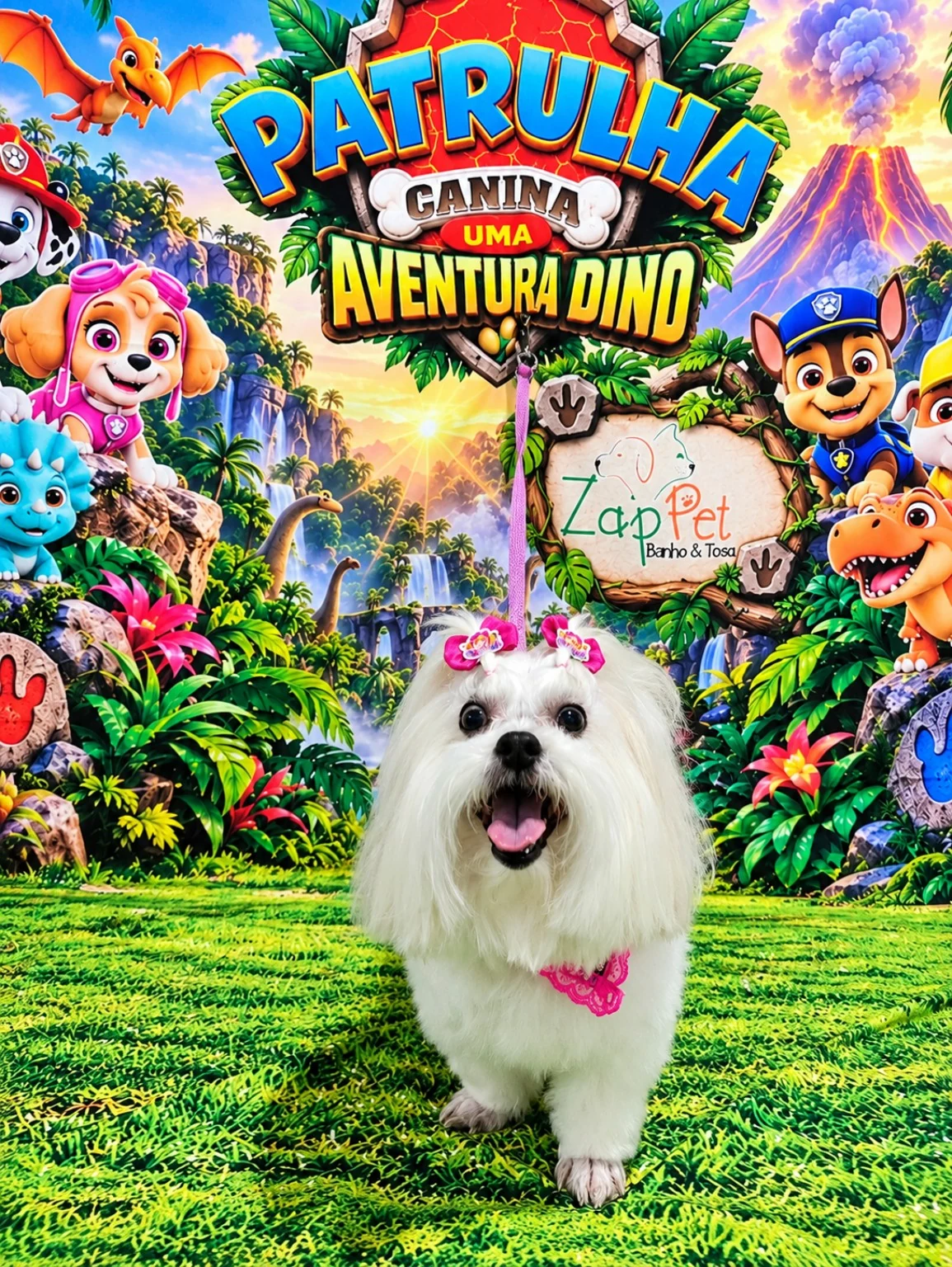 Cachorrinha branca com lacinhos rosas no cenário Aventura Dino.