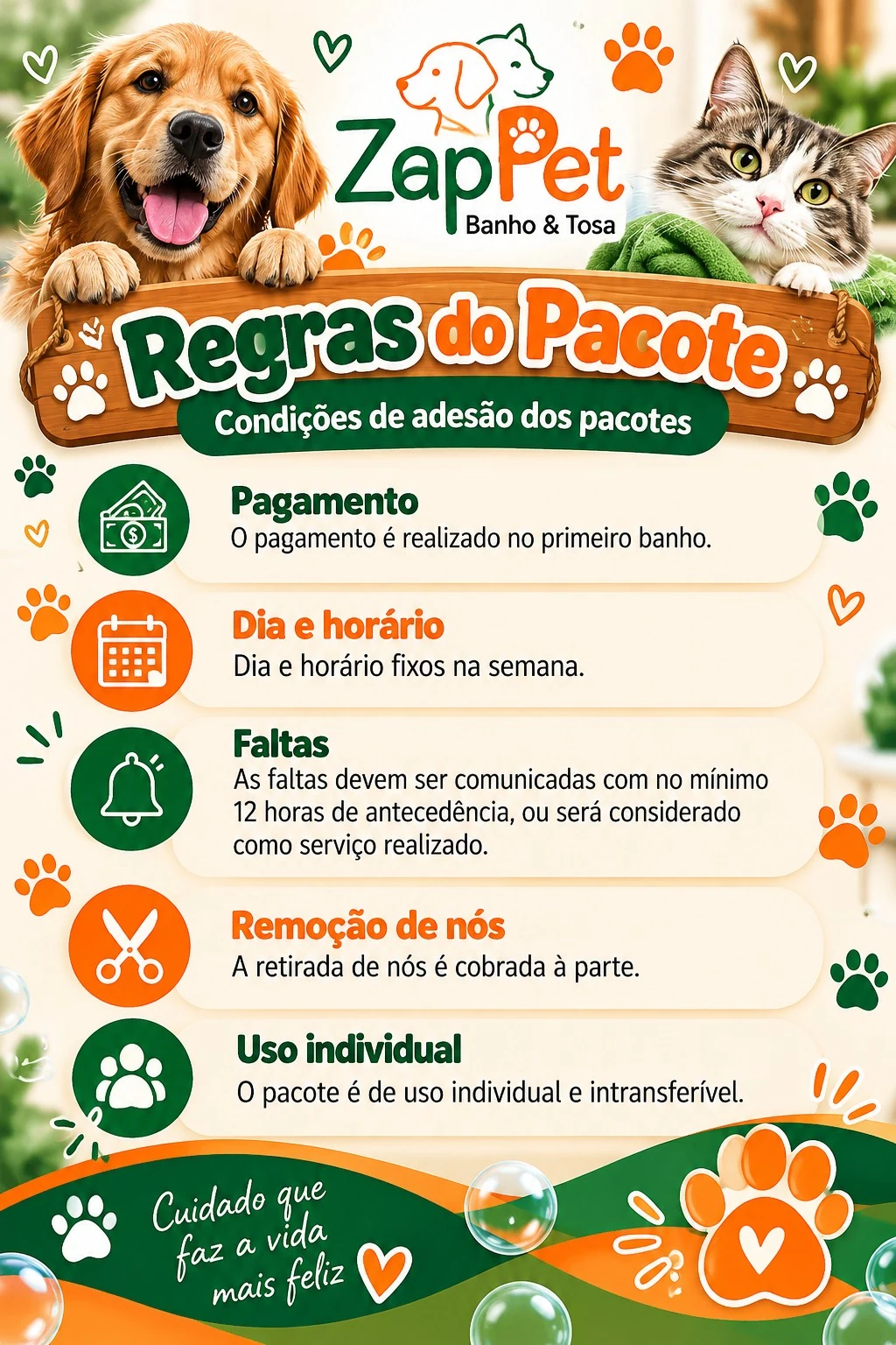 Arte com regras de pagamento, faltas, dia e horário fixos, nós e uso individual do pacote