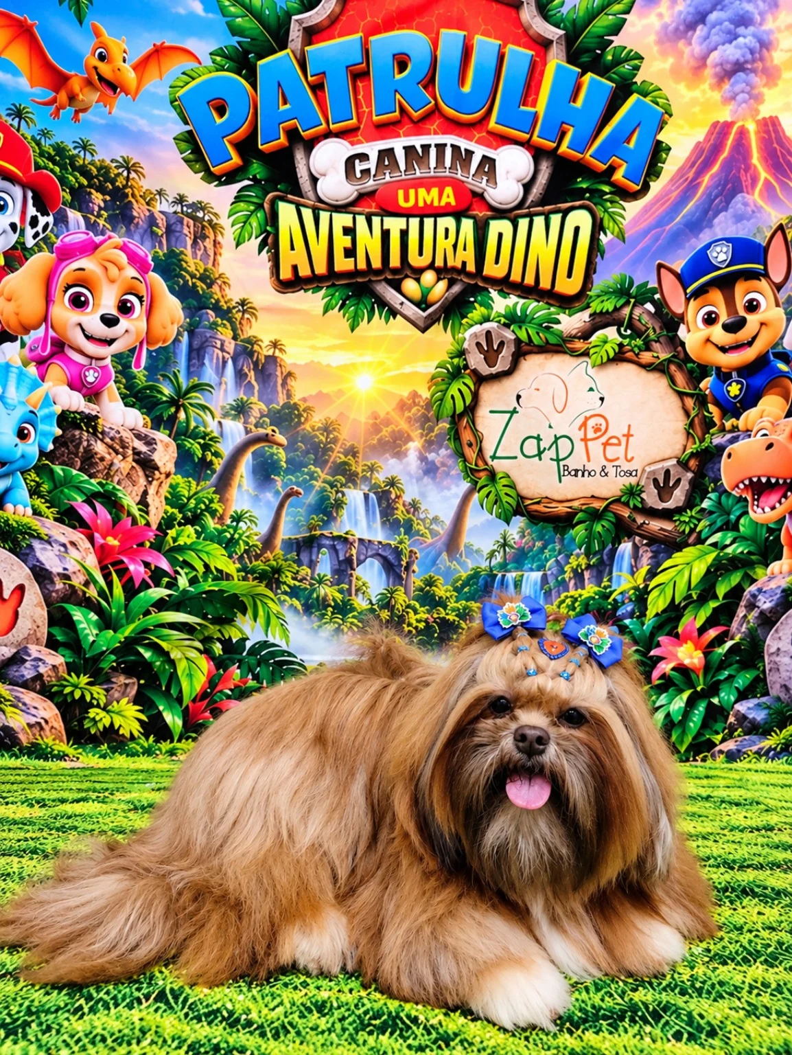 Cachorrinha de pelo longo caramelo com laços azuis.