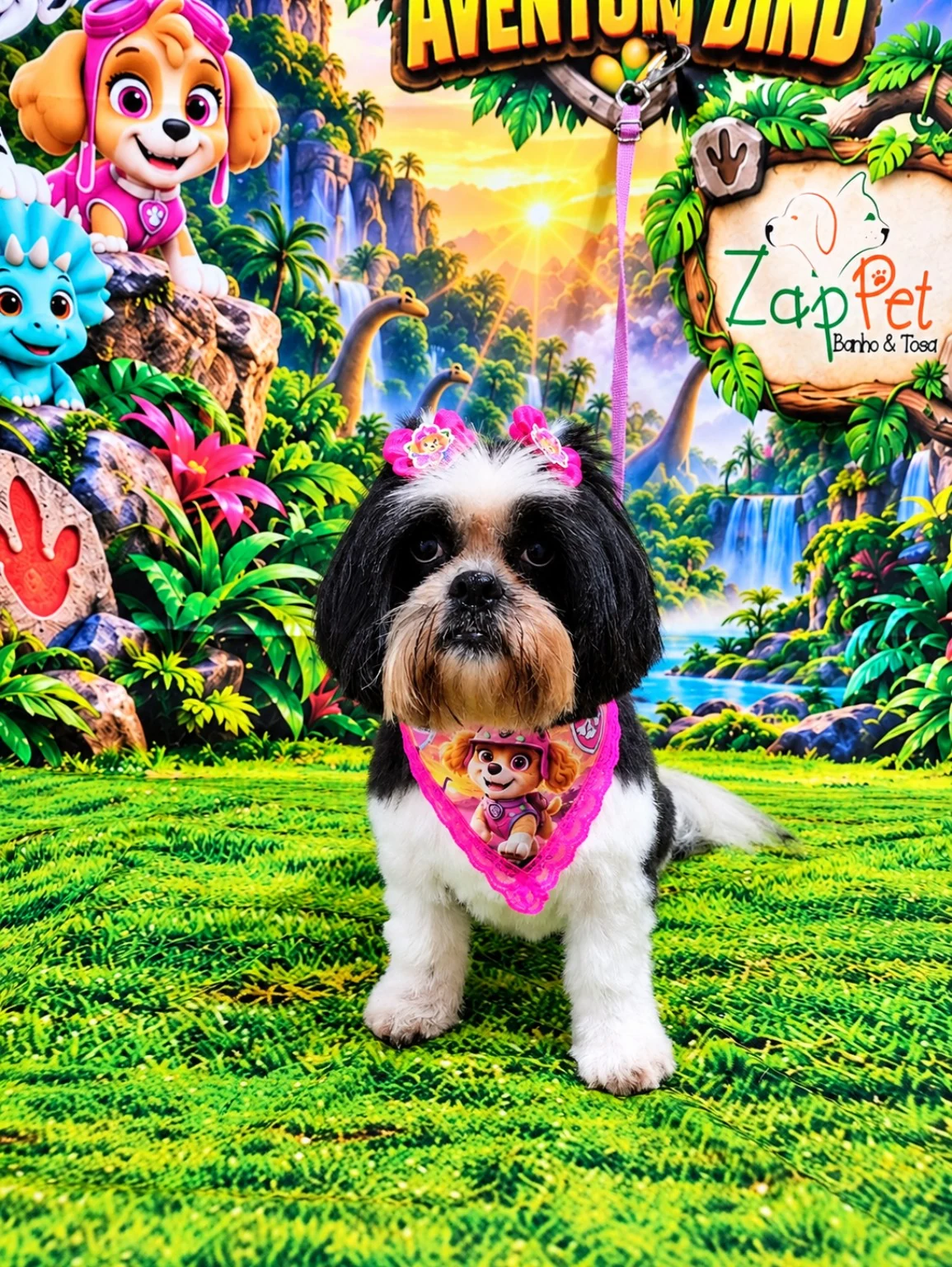 Cachorrinha preta e branca com laços rosas e bandana temática.