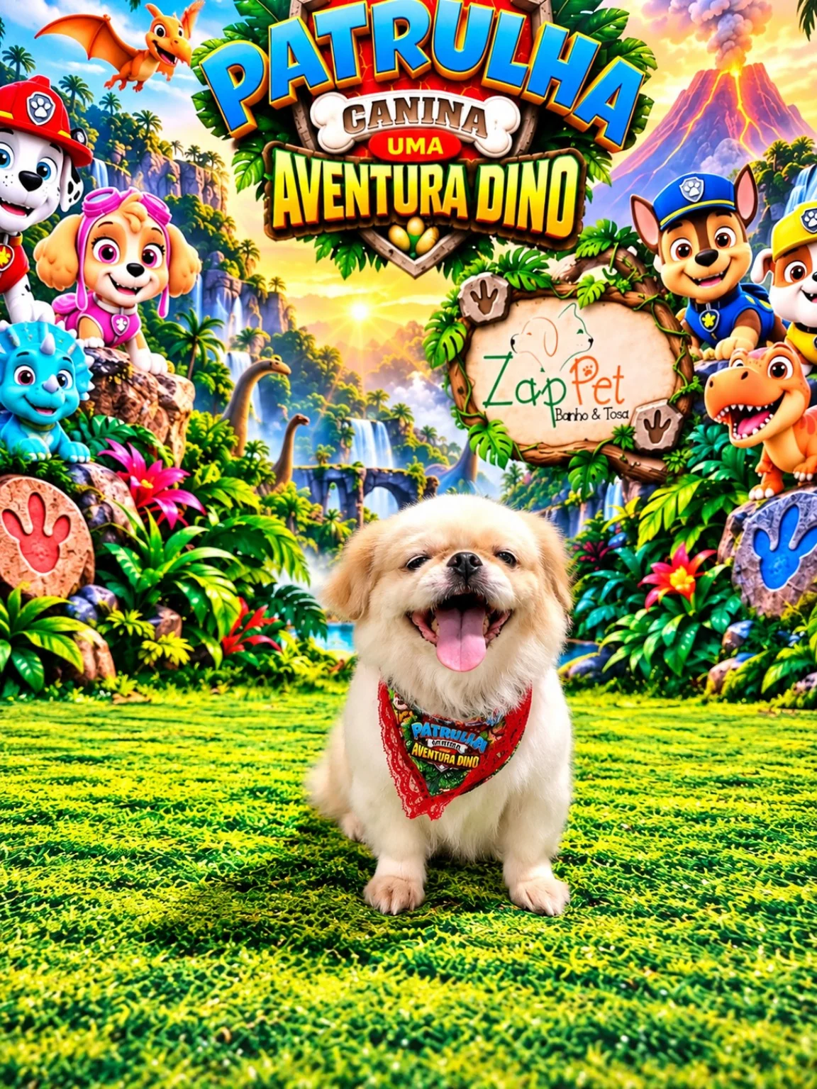 Cachorrinho bege sorridente com bandana vermelha.