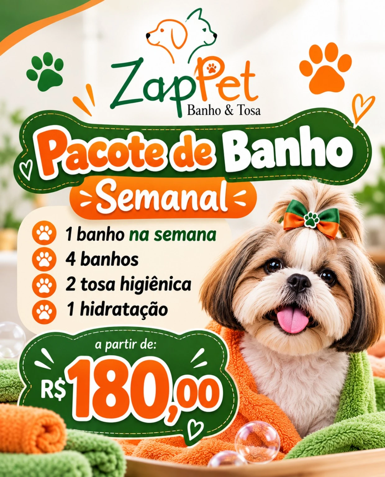 Arte do pacote semanal de banho, a partir de 180 reais